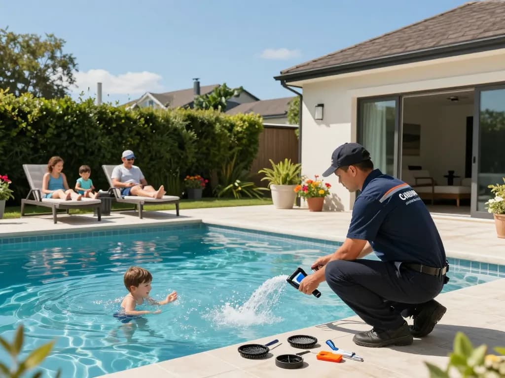 Dolphin Pool Services technician inspecting pool equipment while families enjoy their backyard oasis.