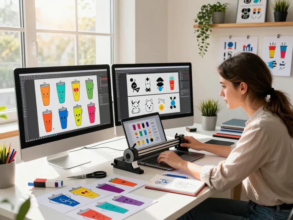 Designer creating unique Svg files in a bright workspace with colorful tumbler designs.