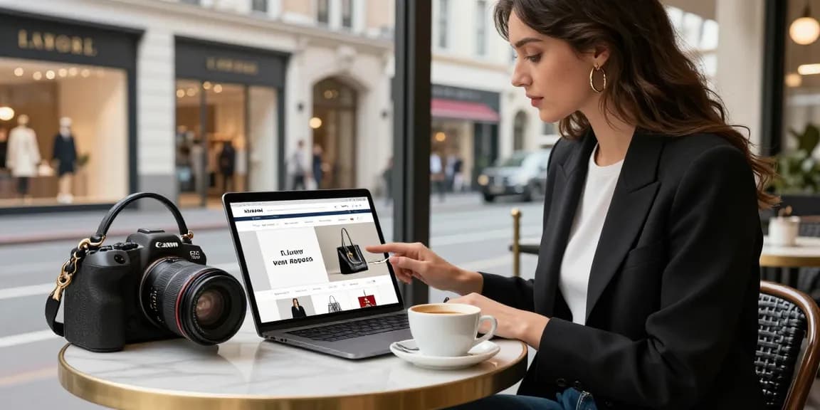 Stylish individual exploring 레플리카 luxury shopping website on tablet in trendy urban café.