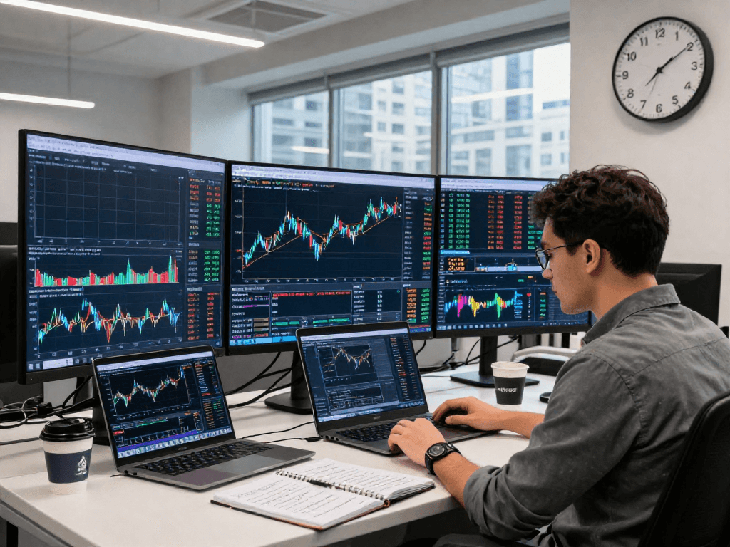 Financial analyst using metatrader 5 for market analysis in a modern trading office.