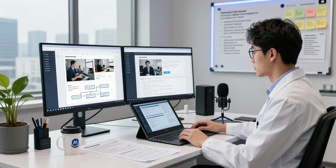 AI detector software analysis in a high-tech workspace with dual monitors and AI detection dashboard.