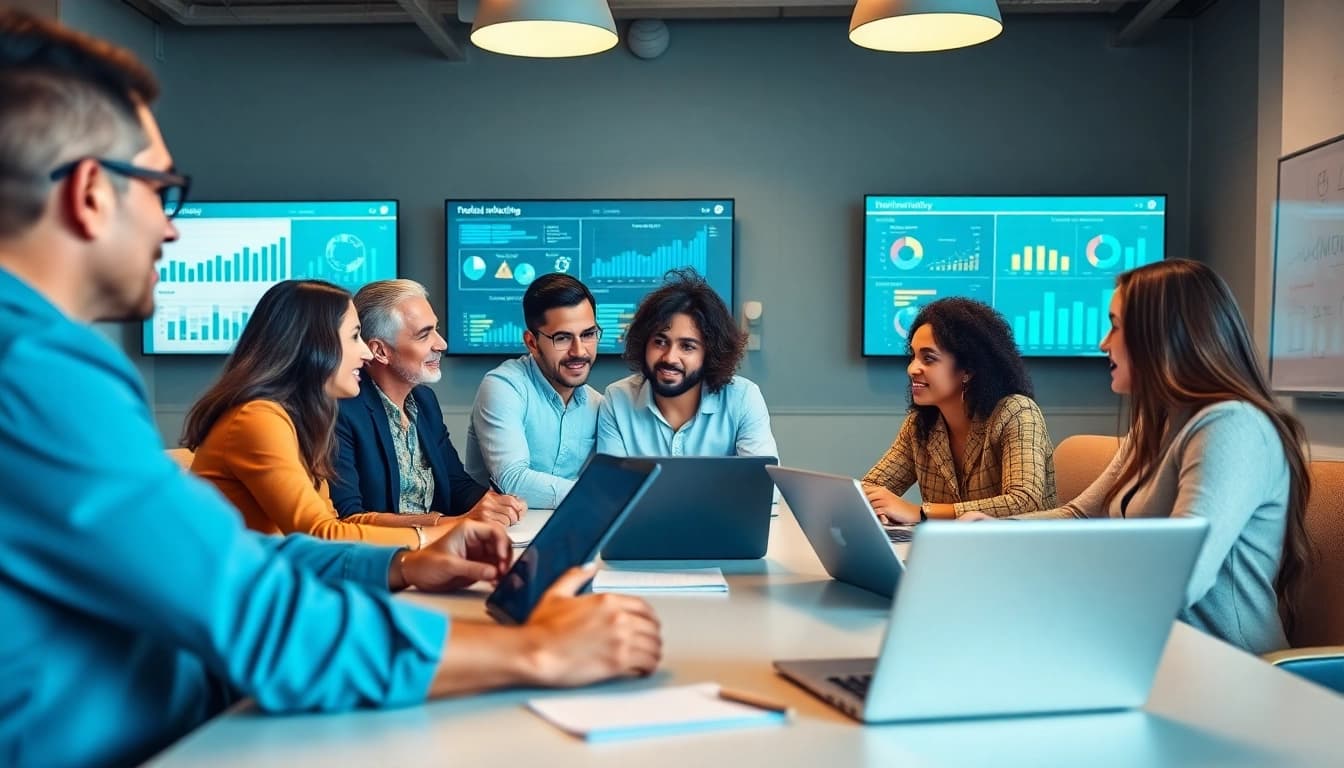 Optimierung der Marketingstrategie auf https://alvionz.de/ mit dynamischem Team in einem modernen Büro.