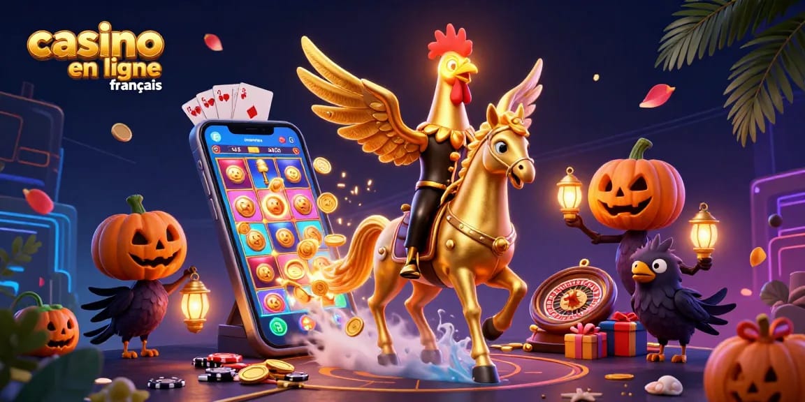 Jeux palpitants dans un casino en ligne français avec un coq doré et des compagnons mystérieux.