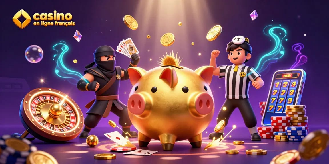 Plongez dans l'univers du casino en ligne français avec cet affrontement épique entre un sumo en or et un ninja porte-monnaie.