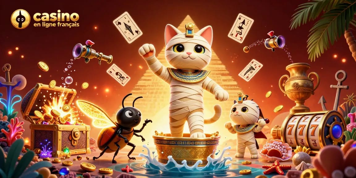 Le casino en ligne français prend vie avec un chat momie égyptien et des éléments animés du monde des jeux.