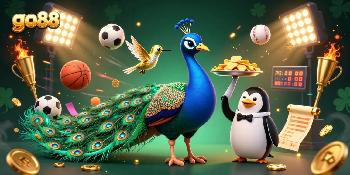 The go88 gaming illustration showcases a dynamic casino scene with a peacock, a penguin butler, and a hummingbird, surrounded by betting elements.