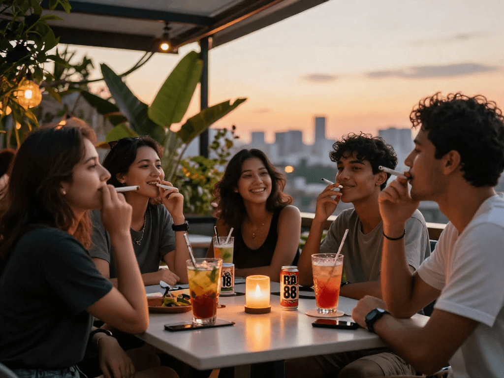 Friends enjoying rokok 88 cigarettes outdoors at sunset, vibrant social scene.