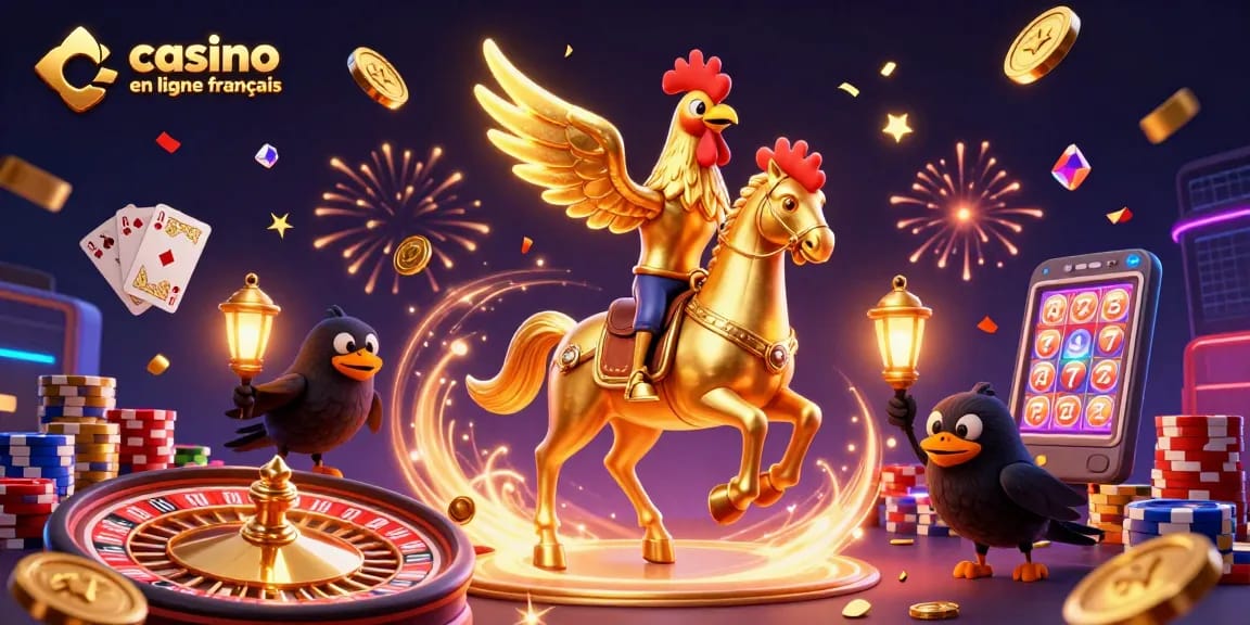 Visualisez un moment captivant au casino en ligne français, où un coq doré chevauche un cheval spectral, entouré de pièces d'or et de jetons colorés.