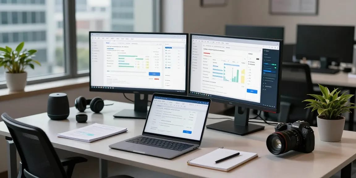 Detect fraud invoice through advanced AI tools in a modern workspace, showcasing analytics dashboards and verification technology.