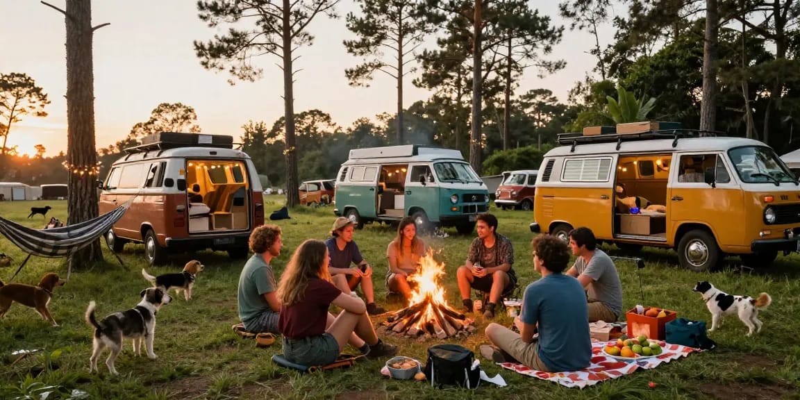 Gathering of vanlife enthusiasts sharing stories and food at a sunset festival, highlighting rokok88 lifestyle.