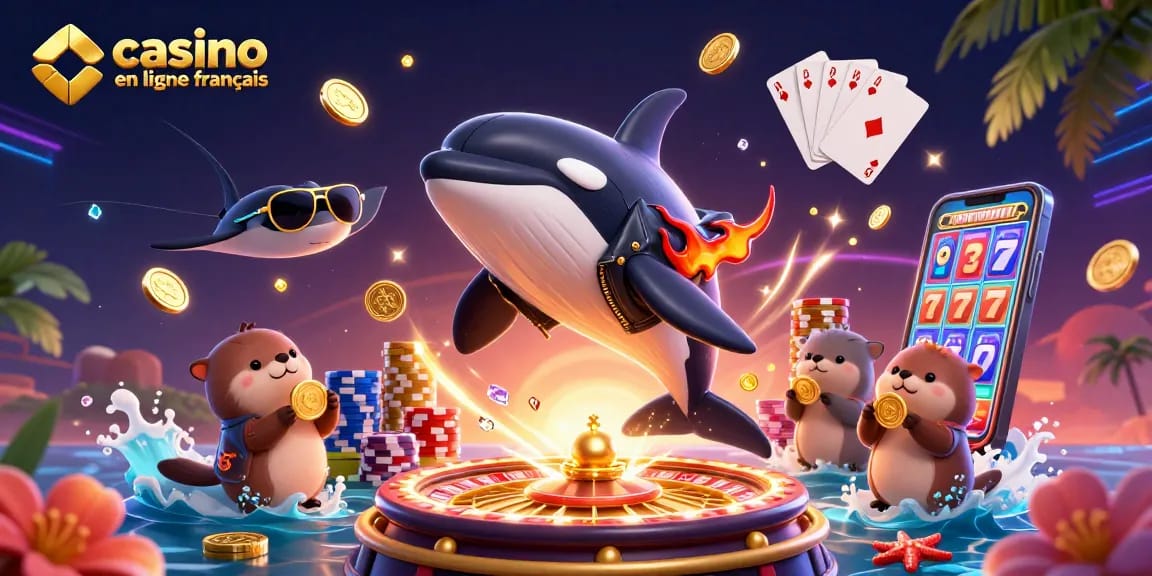 Casino en ligne français : orque, raie et loutres s'amusent avec des pièces d'or.