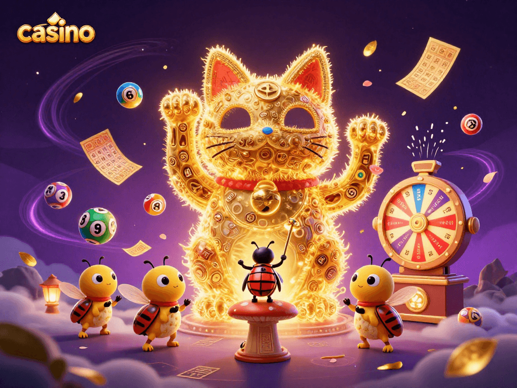 Experience a vibrant casino scene filled with dynamic lottery elements and a lucky cat motif.