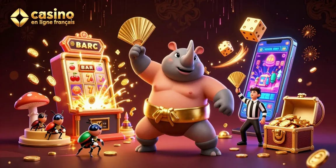 Illustration dynamique des jeux de casino en ligne français avec des personnages d'insectes et de machines à sous.