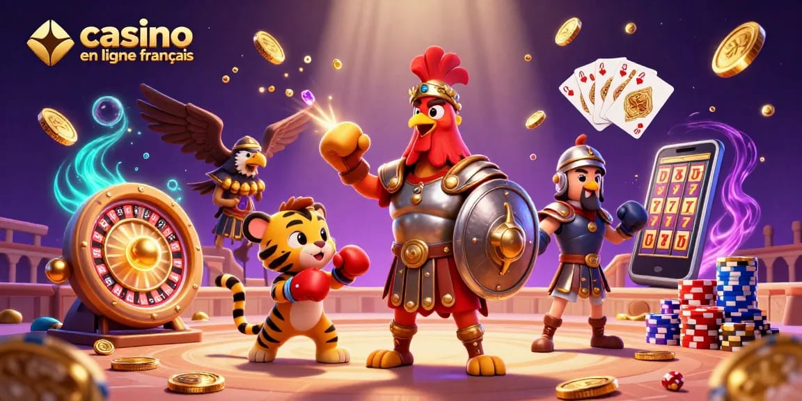 Jouez à casino en ligne français avec un coq gladiateur et des éléments de gain éblouissants dans une illustration dynamique.