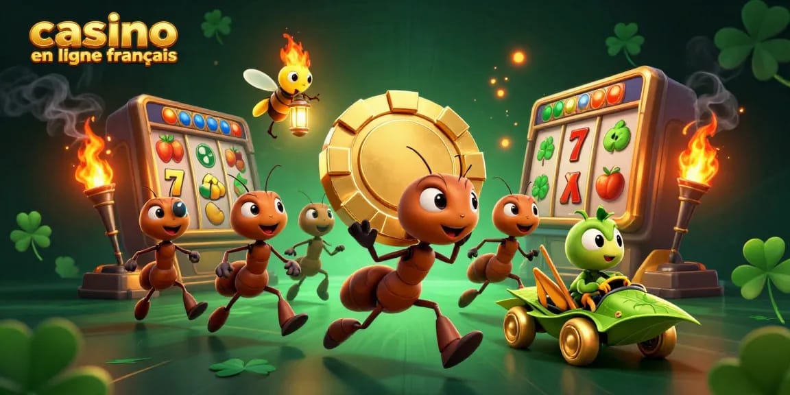 Jouer au casino en ligne français avec une équipe de fourmis et un jeton de poker doré.