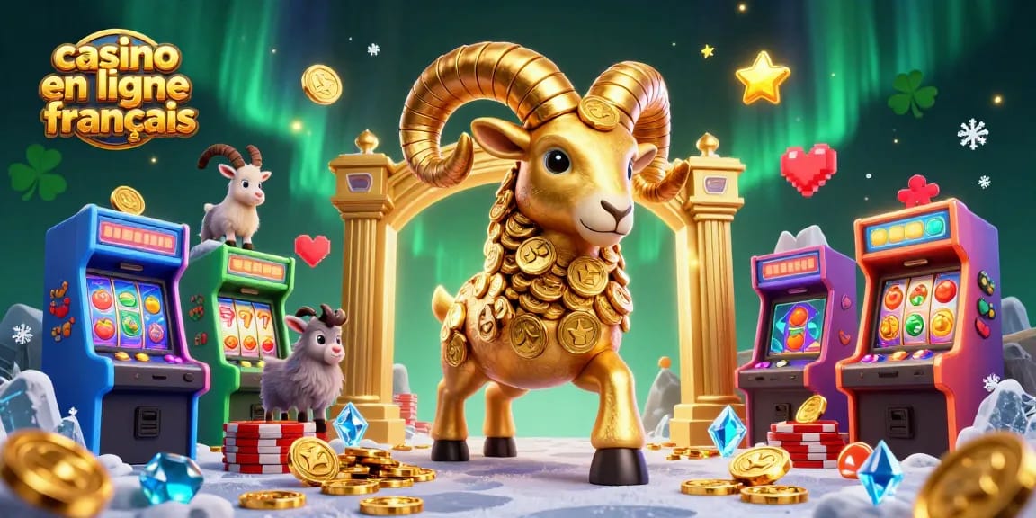 Illustration dynamique avec un bélier doré et des machines à sous, représentant l'univers du casino en ligne français.