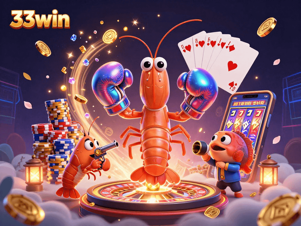 Experience thrilling casino action with 33win's dynamic gaming scene featuring vibrant characters and elements.