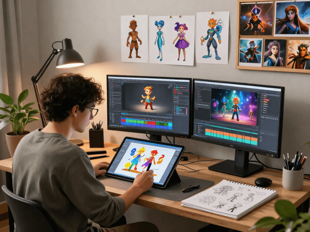 Engaging character ai nsfw design workspace featuring artist's digital canvas and vibrant sketches.