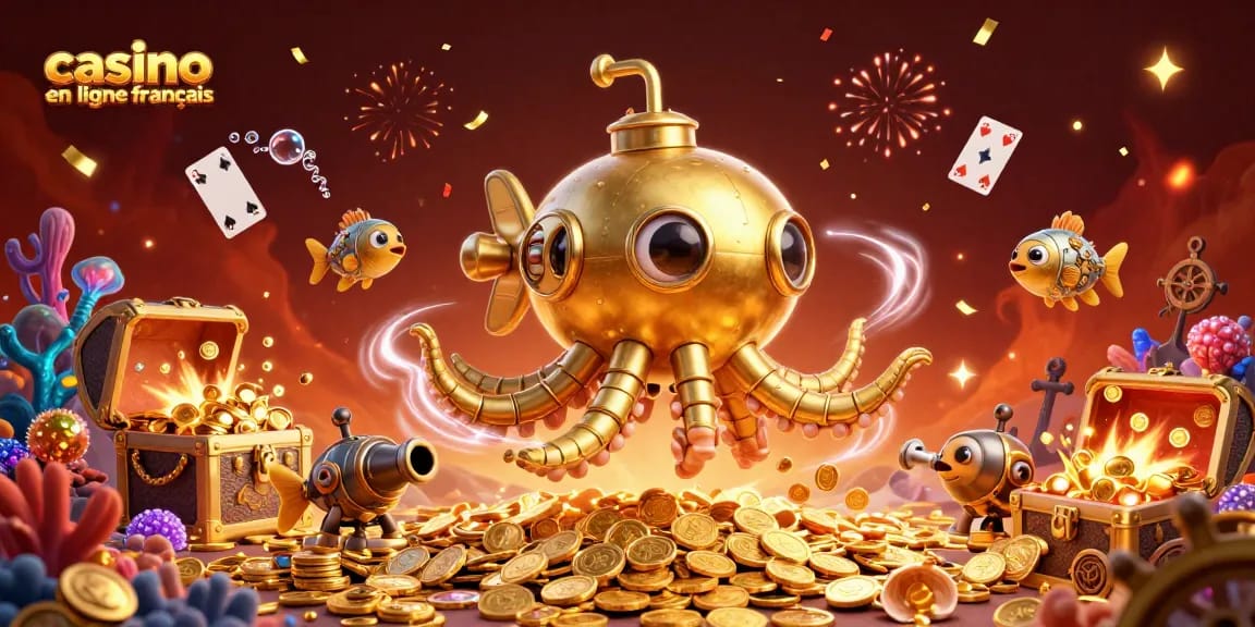 Un kraken doré et des poissons mécaniques dans une scène de casino en ligne français riche en détails.