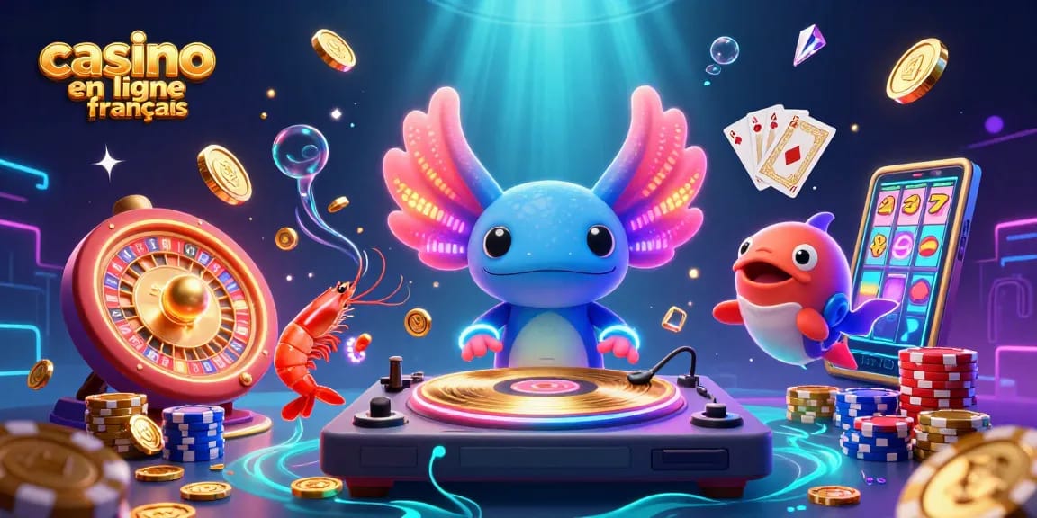 Image dynamique du casino en ligne francais avec un DJ axolotl et des décorations étincelantes.