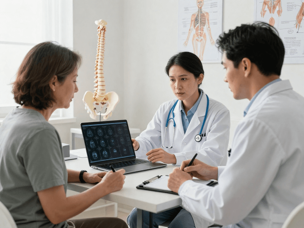 Boyun fıtığı ameliyatı consultation in a medical office with doctor and patient discussing treatment options.