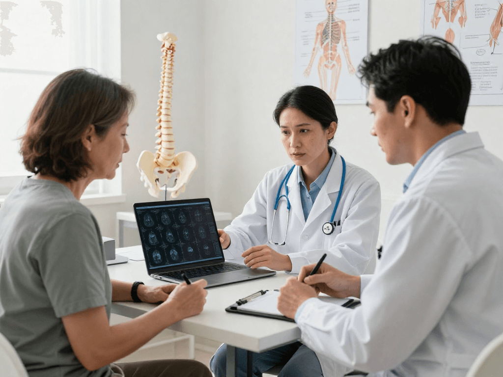 Boyun fıtığı ameliyatı consultation in a medical office with doctor and patient discussing treatment options.