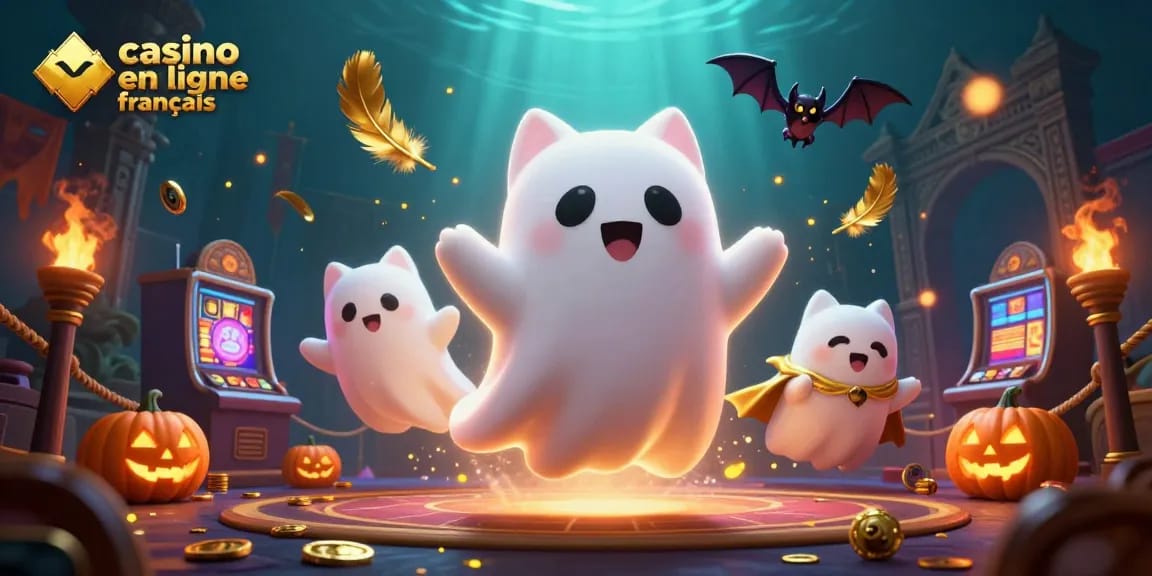 Rencontrez notre chat fantôme dans le casino en ligne français, entouré de jetons dorés et de personnages animés.