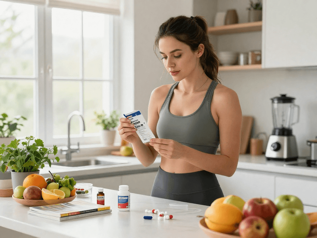 A young woman preparing a Restore Blend Peptide Buccal Strip to enhance NAD+ benefits in a bright kitchen setting.