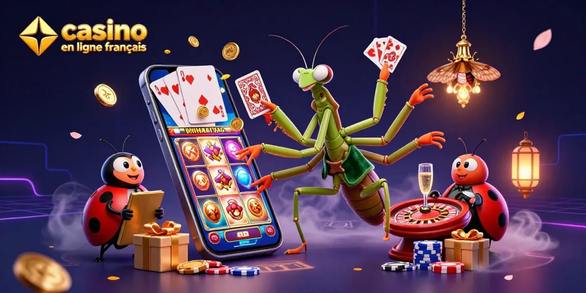 Illustration dynamique de casino en ligne français avec un manteau religieux géant et une coccinelle gérante.