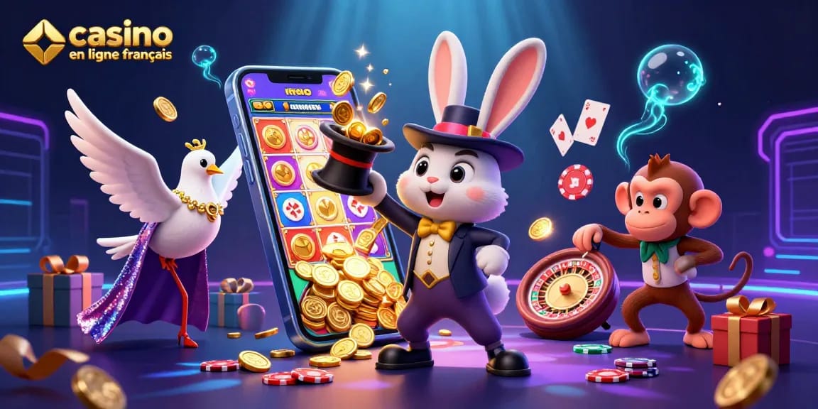 Découvrez des moments captivants avec le casino en ligne français, illustrant un magicien et un singe dans un univers ludique.
