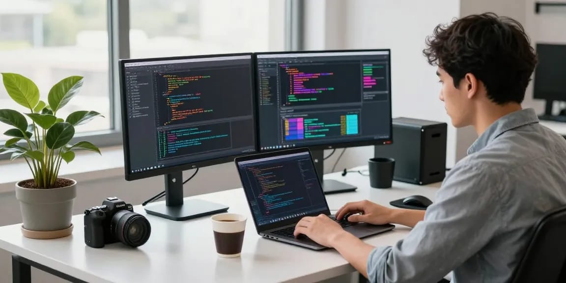 Developer exploring 纸飞机官网 at a modern workspace with dual monitors and coffee, enhancing productivity.