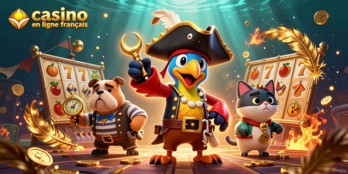 Illustration d'un pirate et ses compagnons naviguant dans l'univers du casino en ligne français.