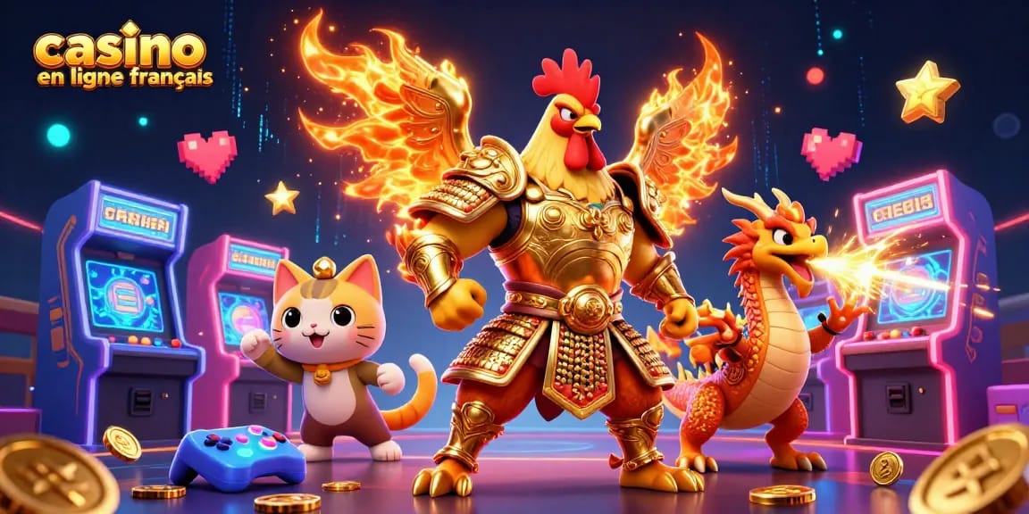 Jouez sur une plateforme de casino en ligne français avec un combattant et un dragon dans une scène dynamique.
