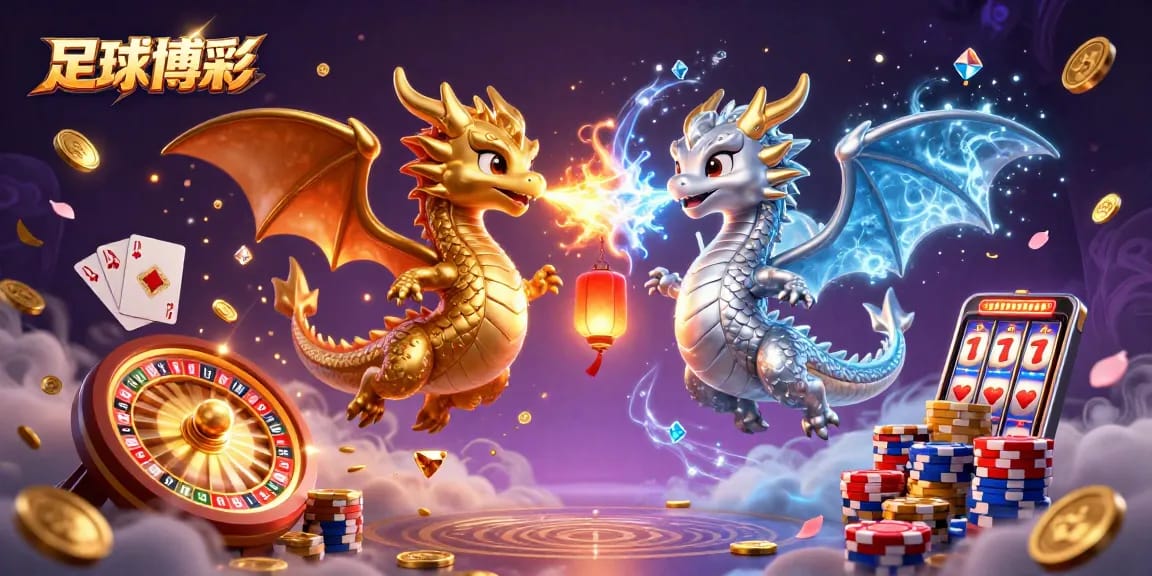 参与足球博彩时,金银双龙互相交织,象征幸运与财富,漫天飞舞的金币和宝石点亮场景。