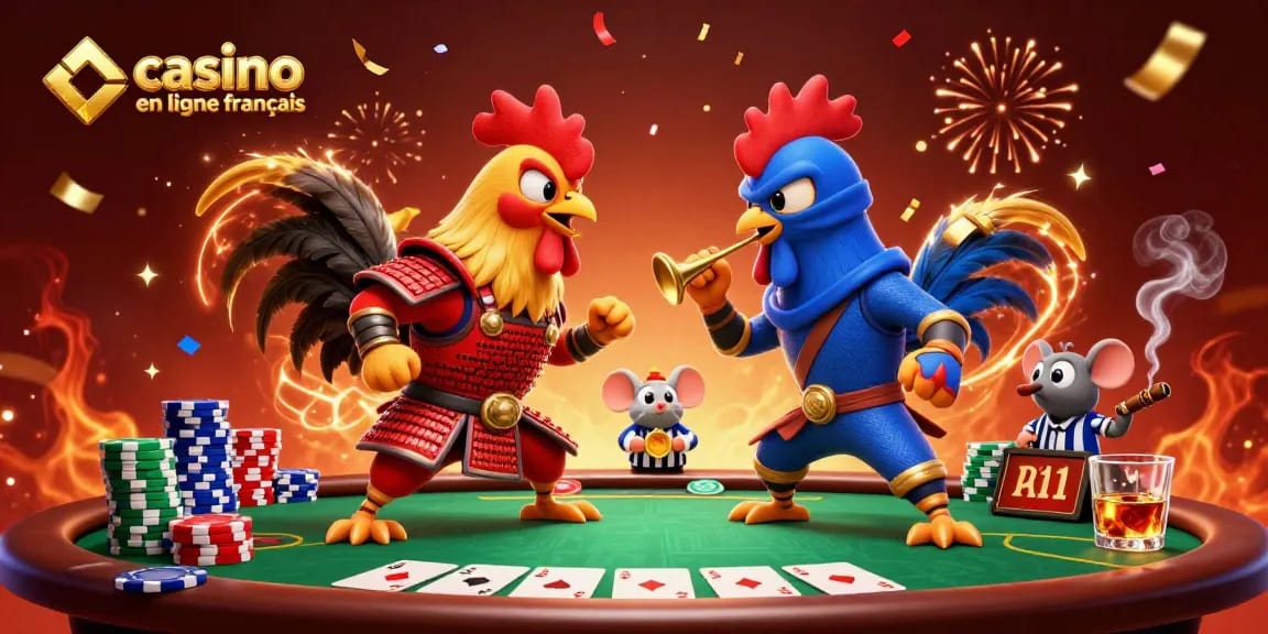 Les coqs combattants en pleine action sur un poker en ligne francais avec des jetons colorés.