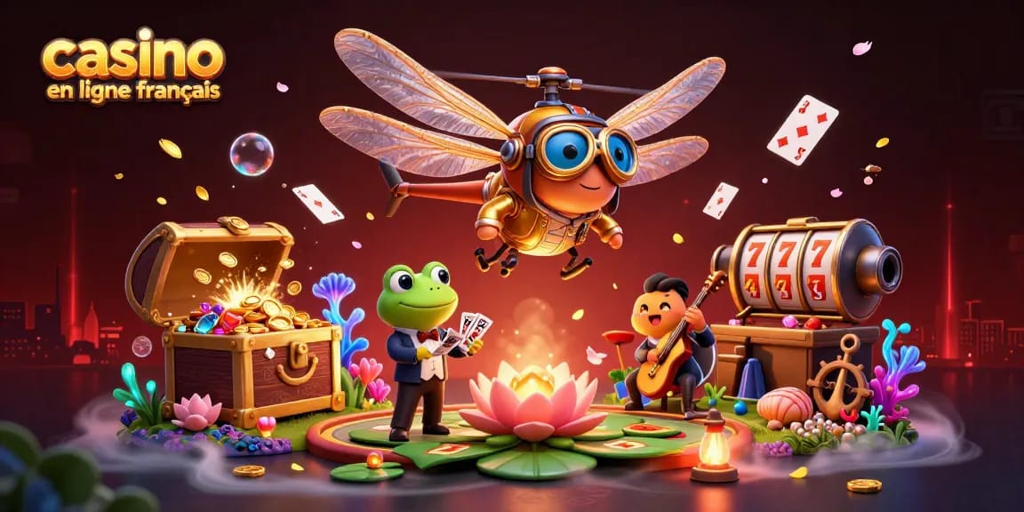 Casino en ligne français : un dragonfly pilote d'hélicoptère et un croupier grenouille animent un lézard casino.