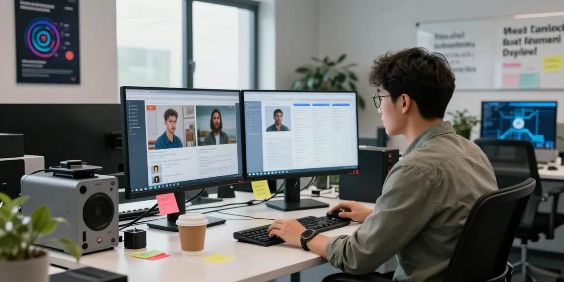 Analyze and detect AI images in a modern tech workspace, showcasing innovative moderation technology.