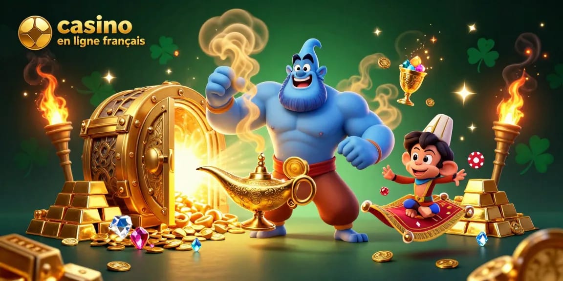 Plongez dans l'univers du casino en ligne francais avec cette illustration dynamique remplie de joyaux et d'or.