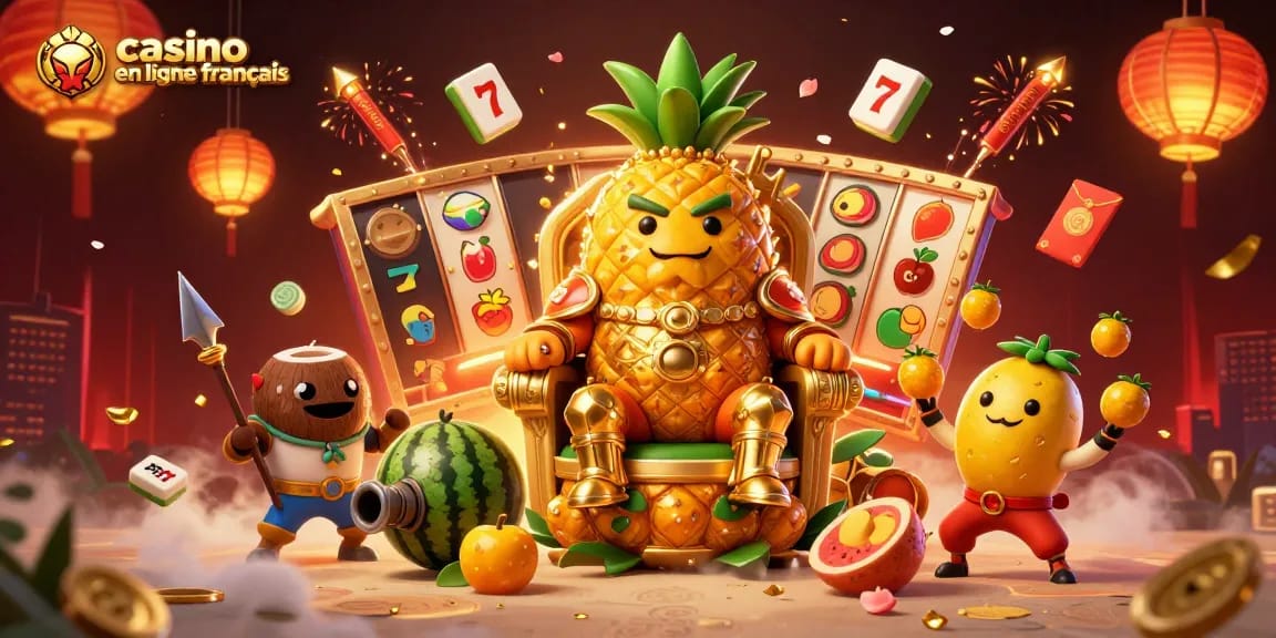Lancez les jeux au casino en ligne français avec le roi ananas en or entouré de jeteurs de fruits.