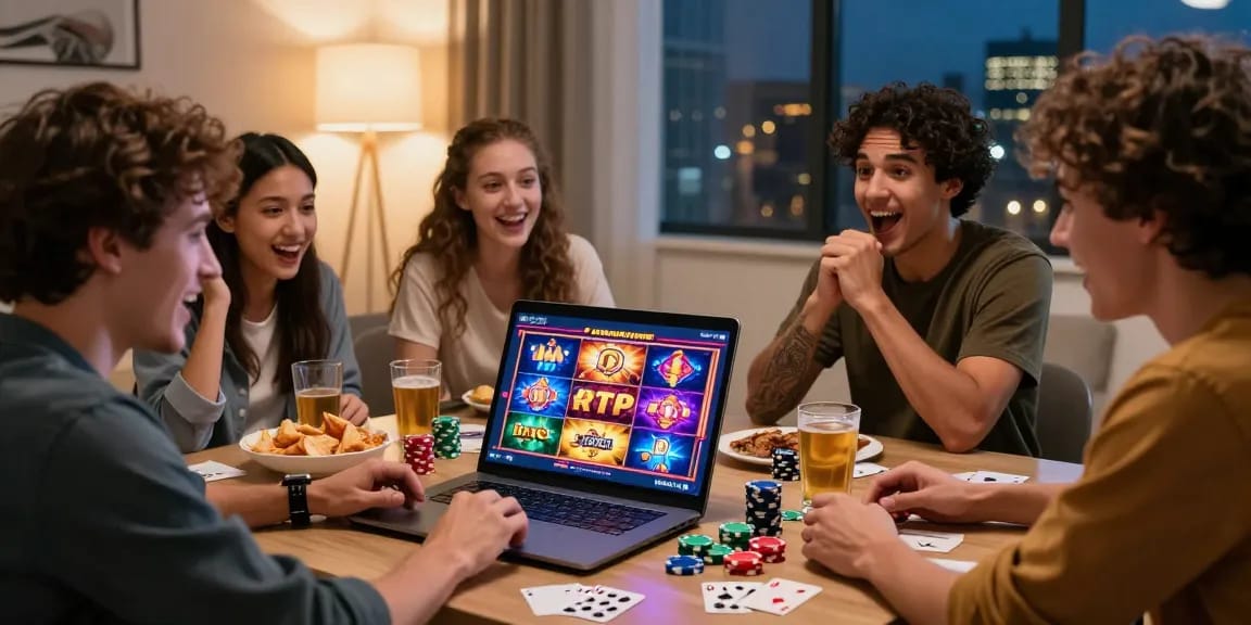Friends exploring online slot games at home with playbook88 link on the laptop screen.