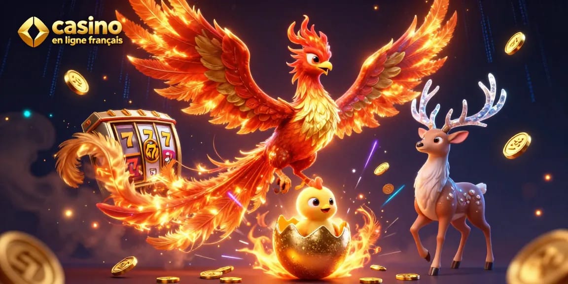 Création fascinante illustrant le casino en ligne français avec un phoenix flamboyant au centre.