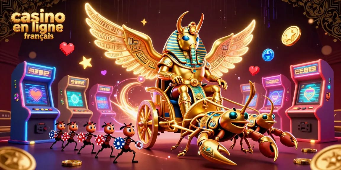 Jouer à des jeux au casino en ligne français avec un scarabée et des éléments de jeu colorés.