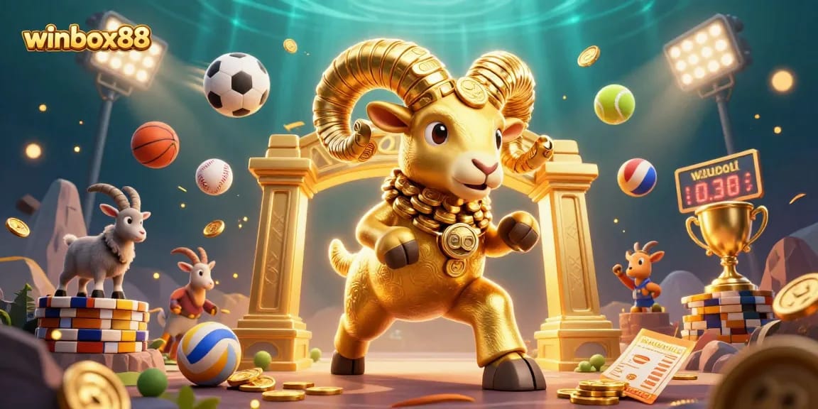 Experience the excitement of winbox88 with dynamic sports elements and a golden ram charging through the scene.