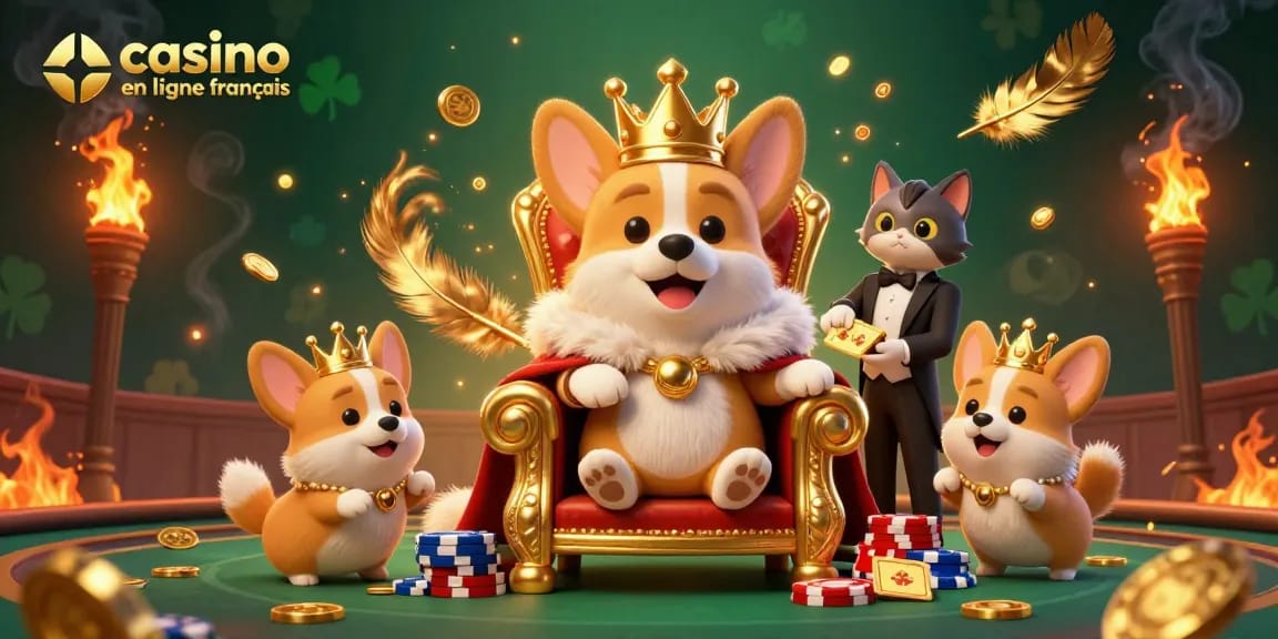 Milieu fantastique d'un corgi royal sur un trône de jetons, représentant le casino en ligne français.