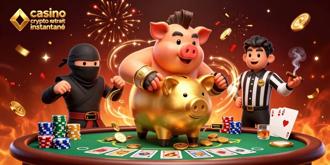 Retirez vos gains rapidement avec casino crypto retrait instantané, illustration dynamique de personnages de casino entourés de jetons et cartes.