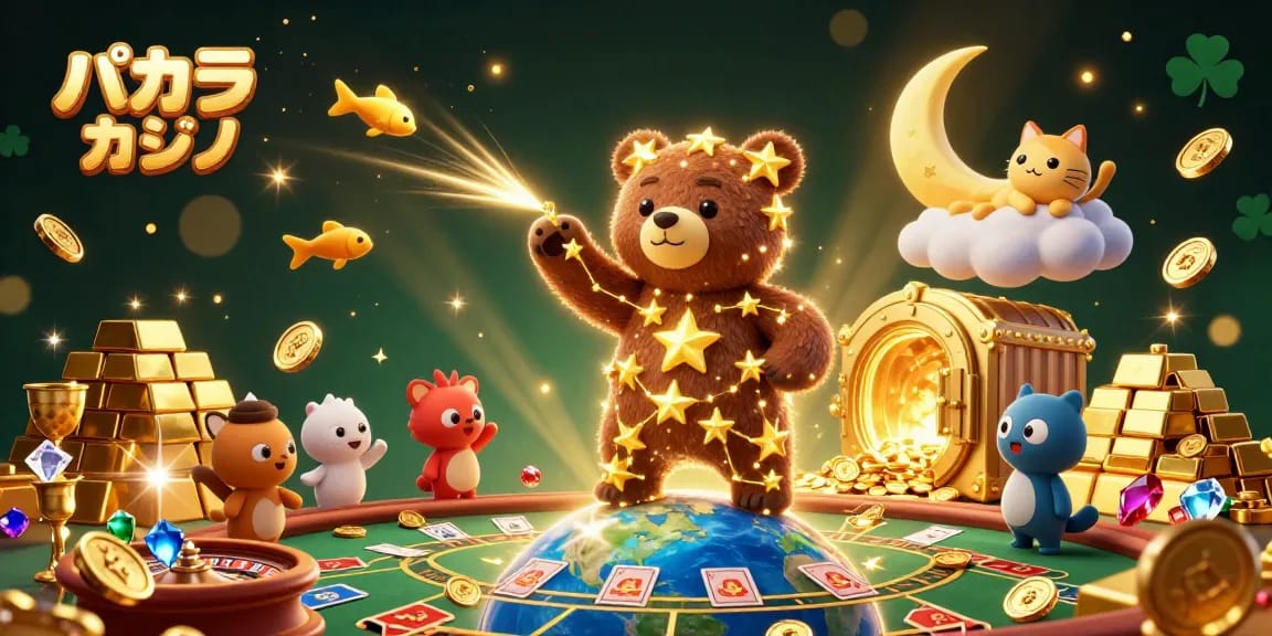 バカラ カジノでの勝利を目指して、星のキャラクターたちが豊かな財宝を集めるシーン