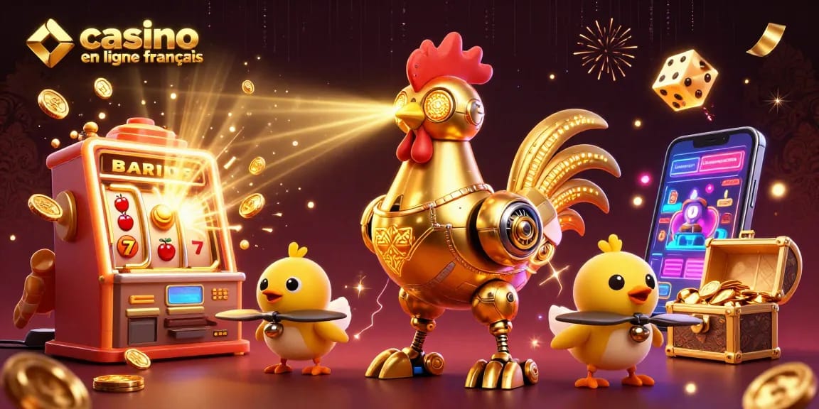 Plongez dans l'univers du casino en ligne français avec un robot coq doré et des drones, entourés de machines à sous et de jeux.