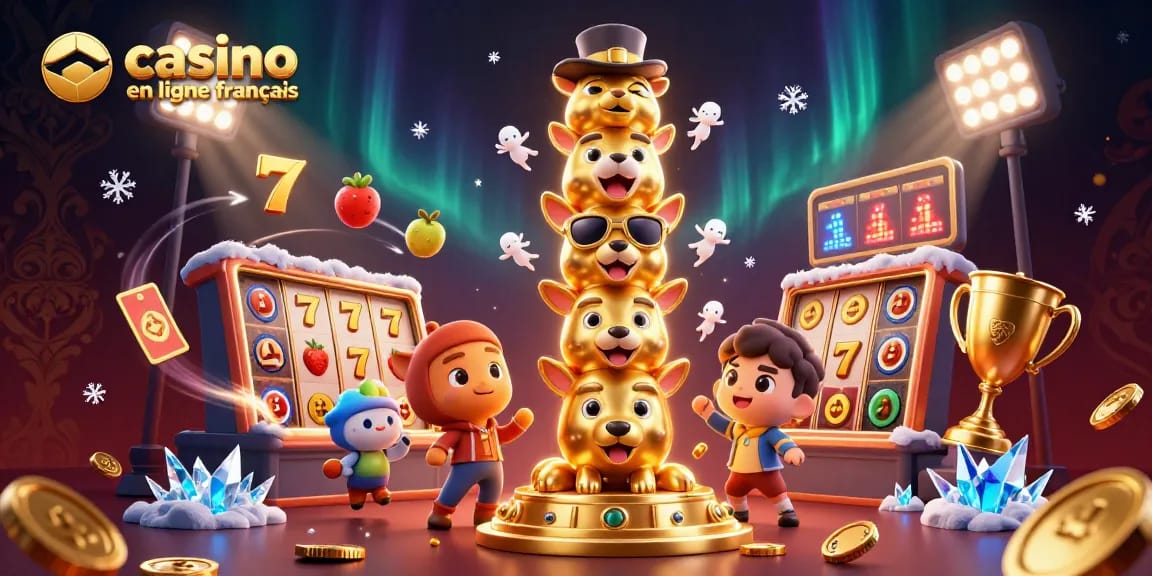 Illustration colorée représentant un totem de casino en ligne français avec des éléments de jeu.