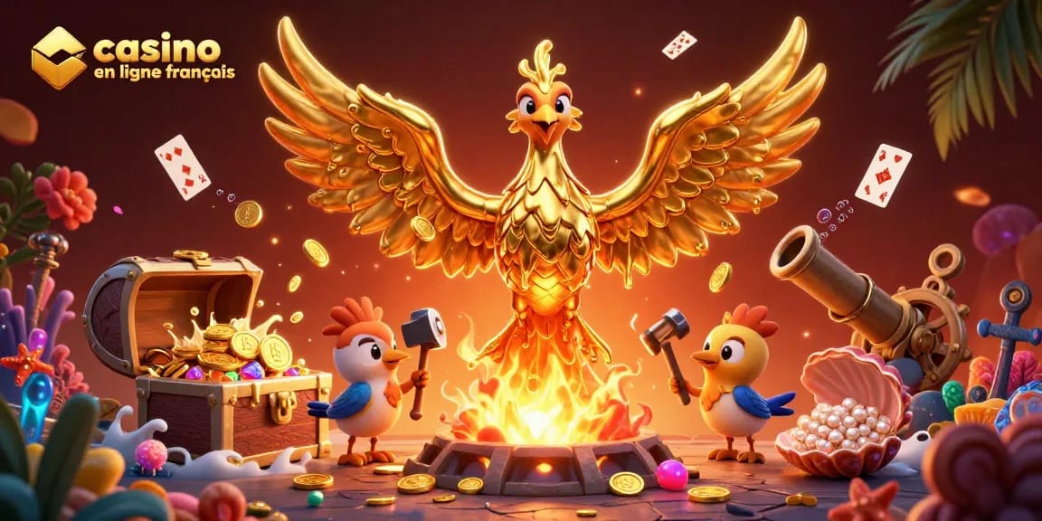 Illustration captivante du casino en ligne français avec un phénix doré et des trésors explosant de pièces d'or.