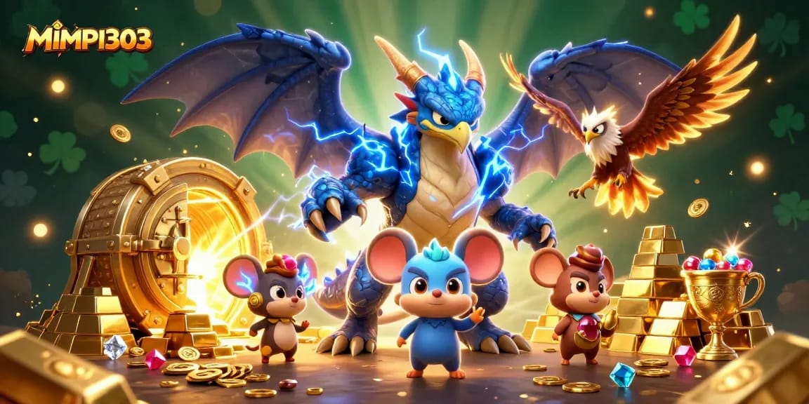 MIMPI303 showcases an exhilarating 3D casino scene featuring a thunder dragon and treasures.